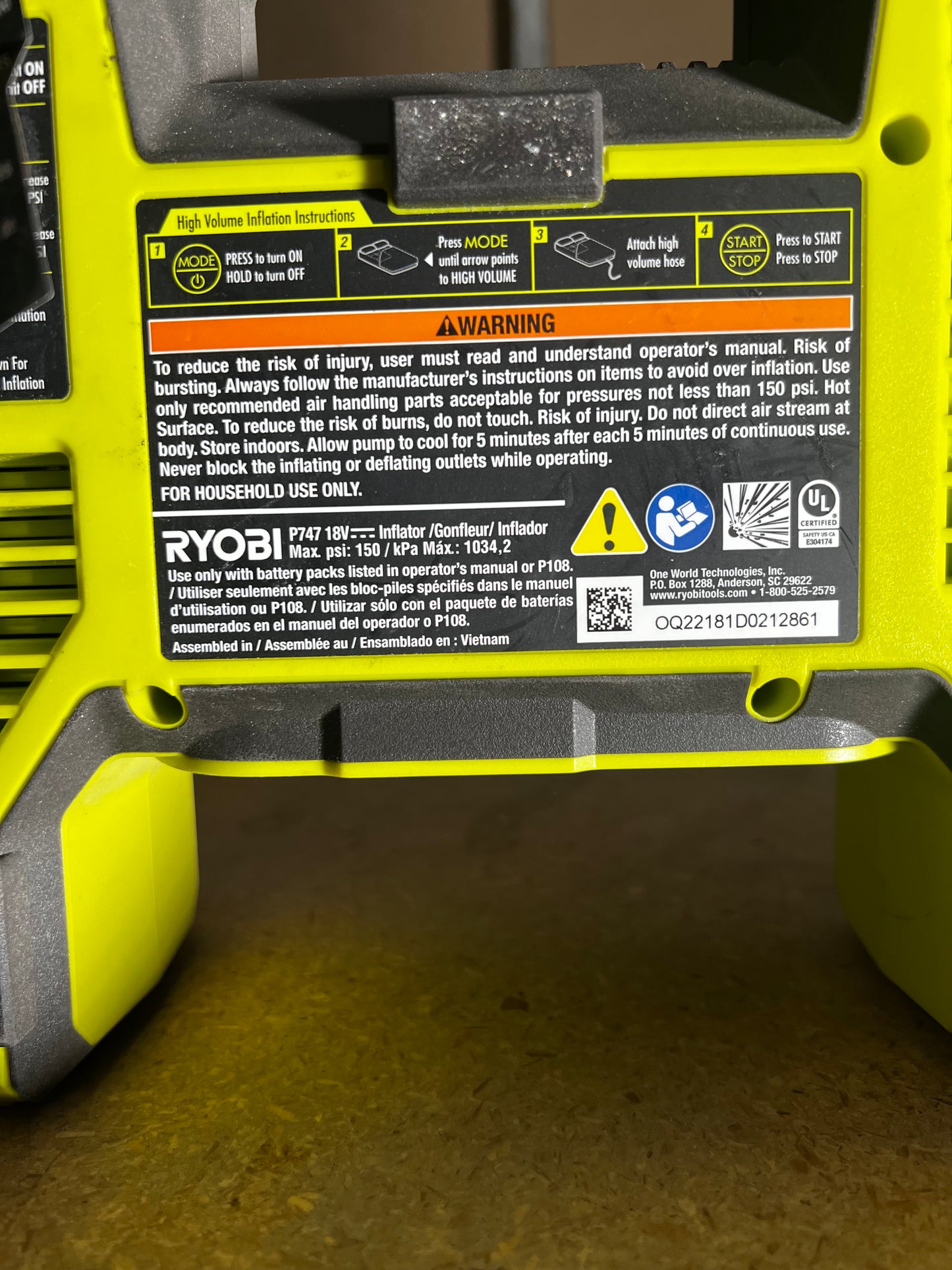 Inflador Ryobi 18V