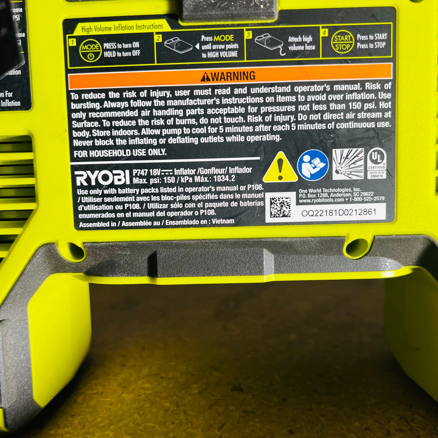 Inflador Ryobi 18V